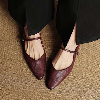 Mules Mary Jane de Cuero con Punta Fina y Talón Abierto para Mujer