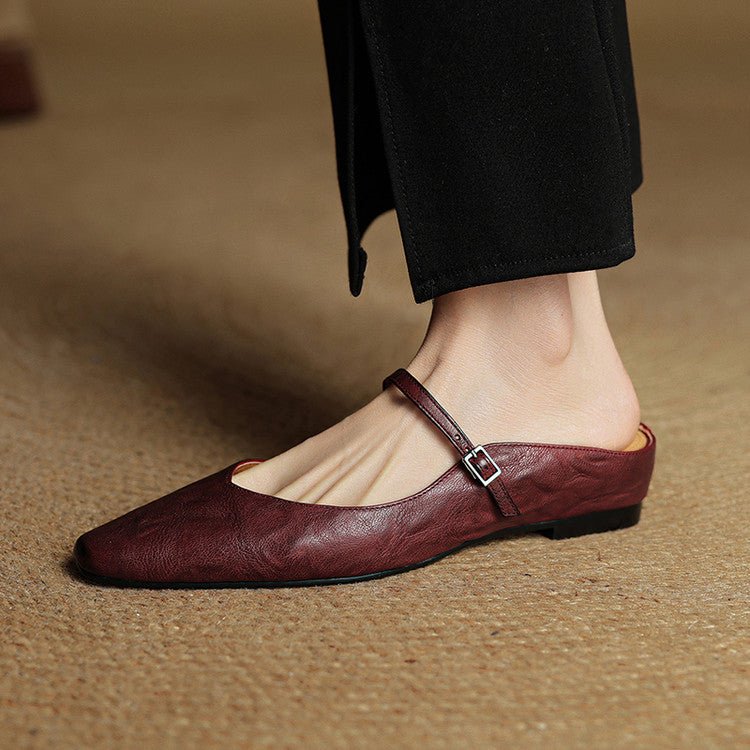 Mules Mary Jane de Cuero con Punta Fina y Talón Abierto para Mujer
