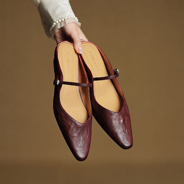 Mules Mary Jane de Cuero con Punta Fina y Talón Abierto para Mujer