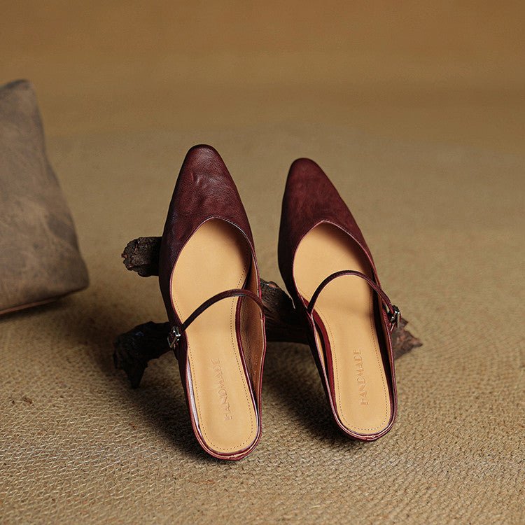 Mules Mary Jane de Cuero con Punta Fina y Talón Abierto para Mujer