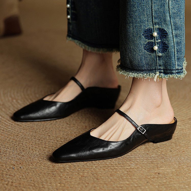 Mules Mary Jane de Cuero con Punta Fina y Talón Abierto para Mujer