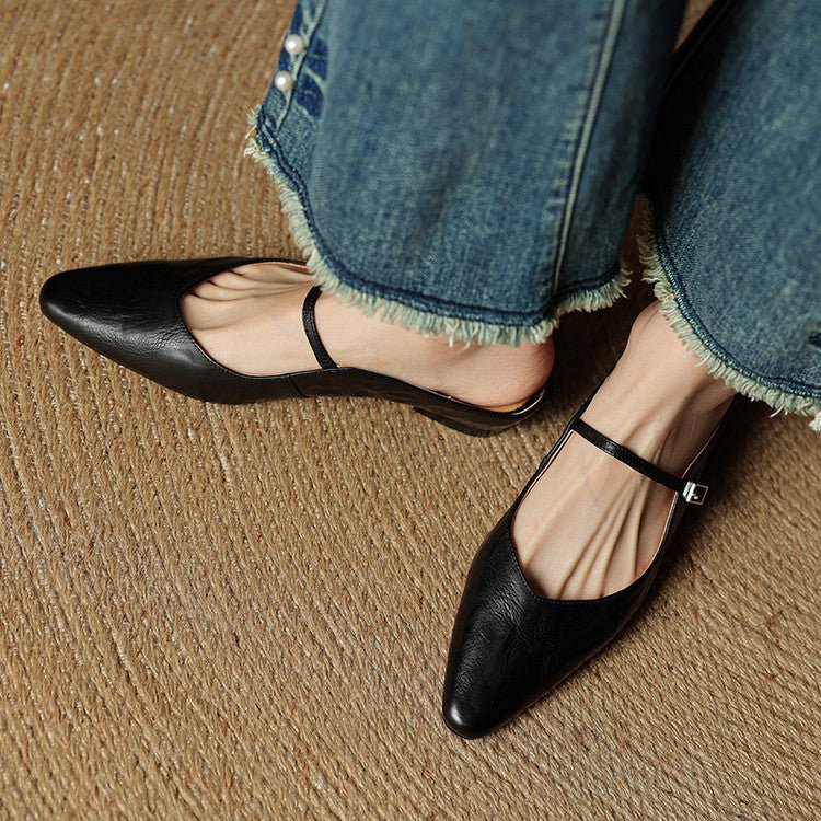Mules Mary Jane de Cuero con Punta Fina y Talón Abierto para Mujer