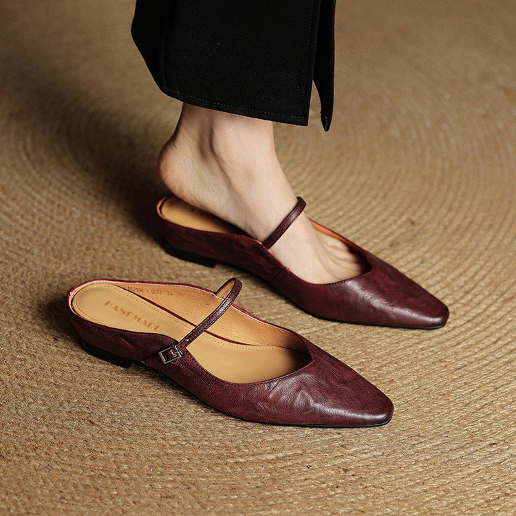 Mules Mary Jane de Cuero con Punta Fina y Talón Abierto para Mujer