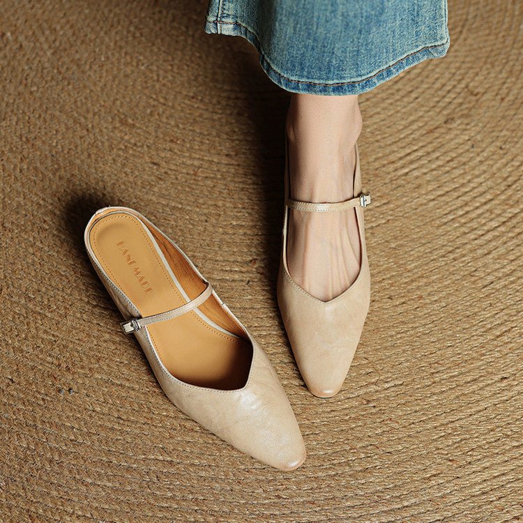 Mules Mary Jane de Cuero con Punta Fina y Talón Abierto para Mujer