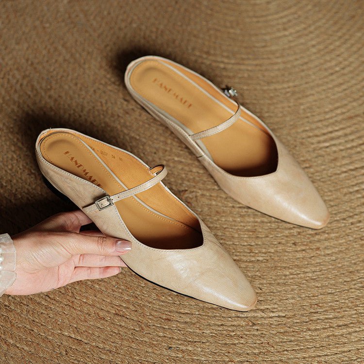 Mules Mary Jane de Cuero con Punta Fina y Talón Abierto para Mujer