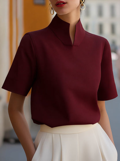 Top estructurado de manga corta con cuello mandarín para mujer