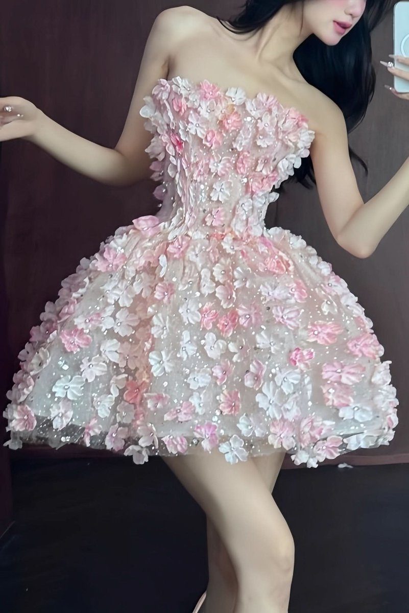 Vestido Mini de Cóctel Strapless con Apliques Florales 3D para Mujer