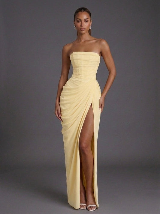 Vestido Maxi Strapless Tipo Corsé con Abertura para Mujer