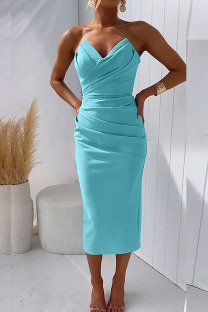 Vestido midi ajustado y drapeado sin tirantes para mujer