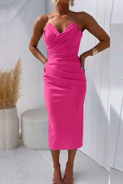 Vestido midi ajustado y drapeado sin tirantes para mujer