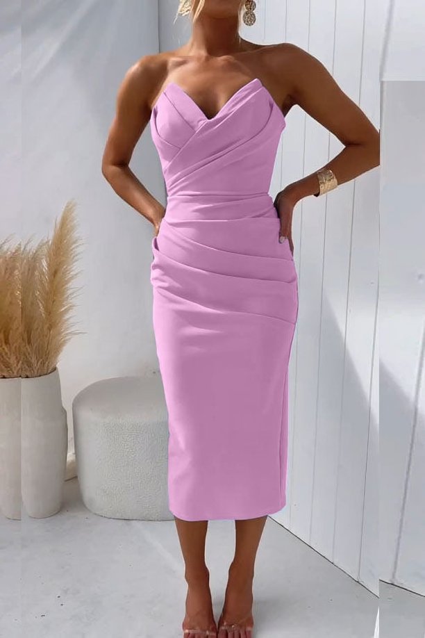 Vestido midi ajustado y drapeado sin tirantes para mujer