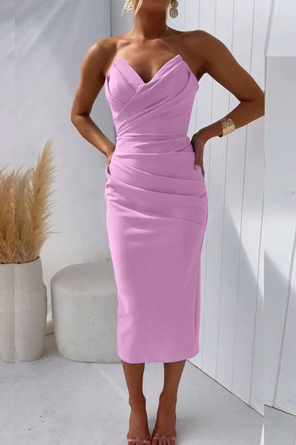 Vestido midi ajustado y drapeado sin tirantes para mujer