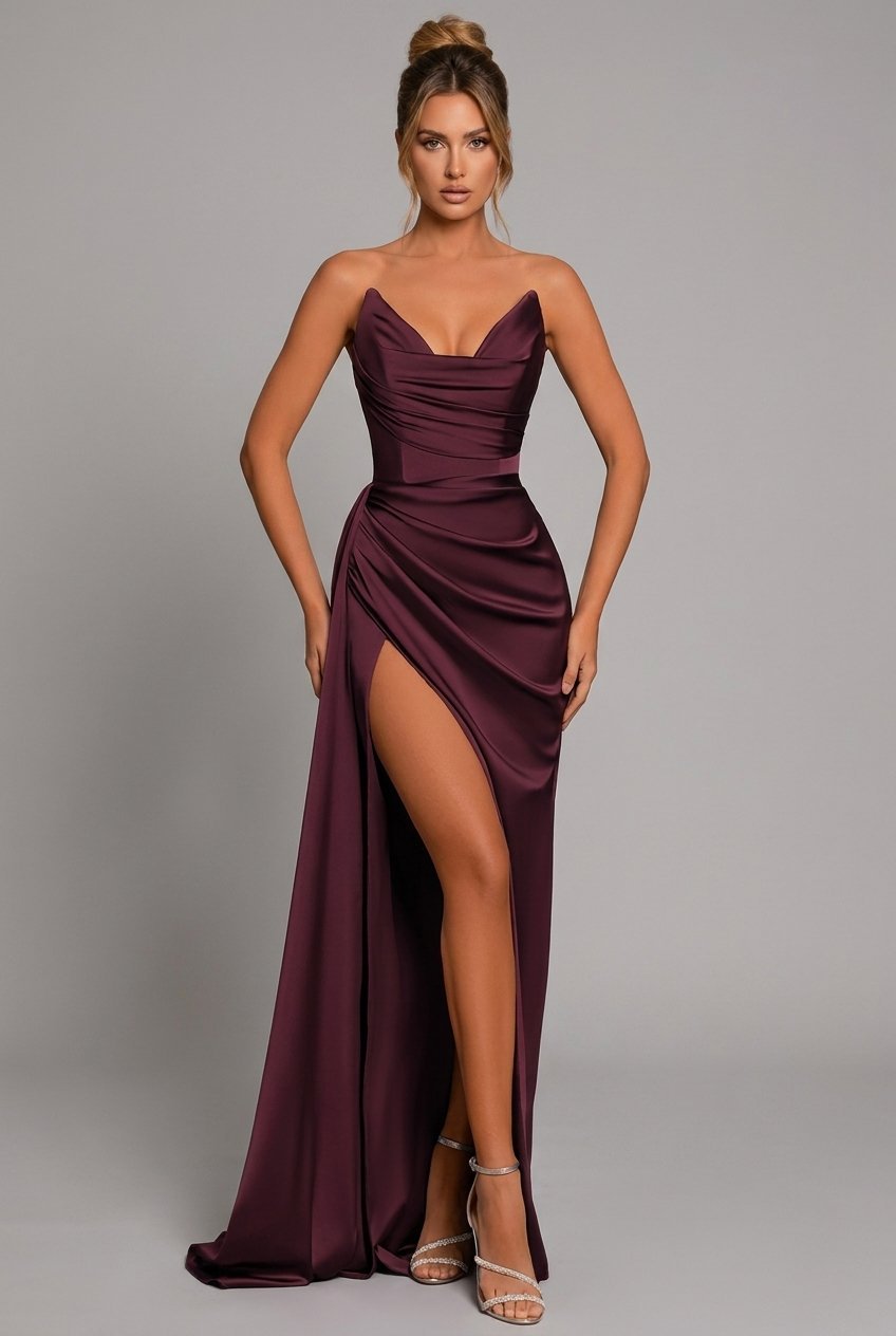 Vestido Maxi Strapless de Satén con Escote Corazón Plisado y Abertura para Mujer