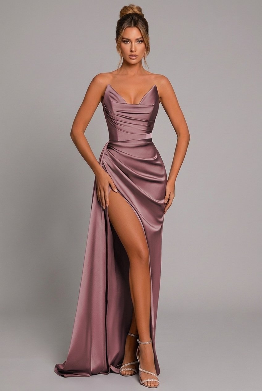 Vestido Maxi Strapless de Satén con Escote Corazón Plisado y Abertura para Mujer