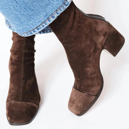 Botas hasta la Rodilla de Gamuza con Punta Cuadrada y Tacón Bloque para Mujer