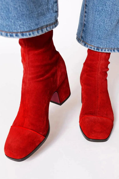 Botas hasta la Rodilla de Gamuza con Punta Cuadrada y Tacón Bloque para Mujer