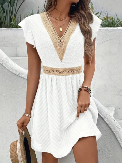 Vestido Casual de Verano para Mujer con Escote en V, Encaje y Mangas Mariposa