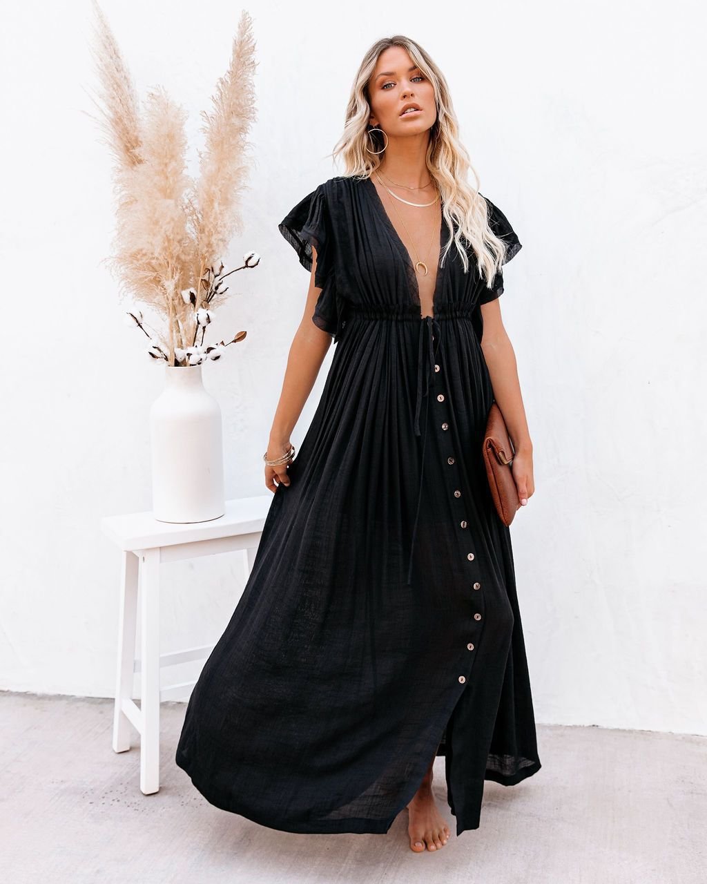Vestido Maxi de Manga Corta con Cuello en V y Botones para Mujer