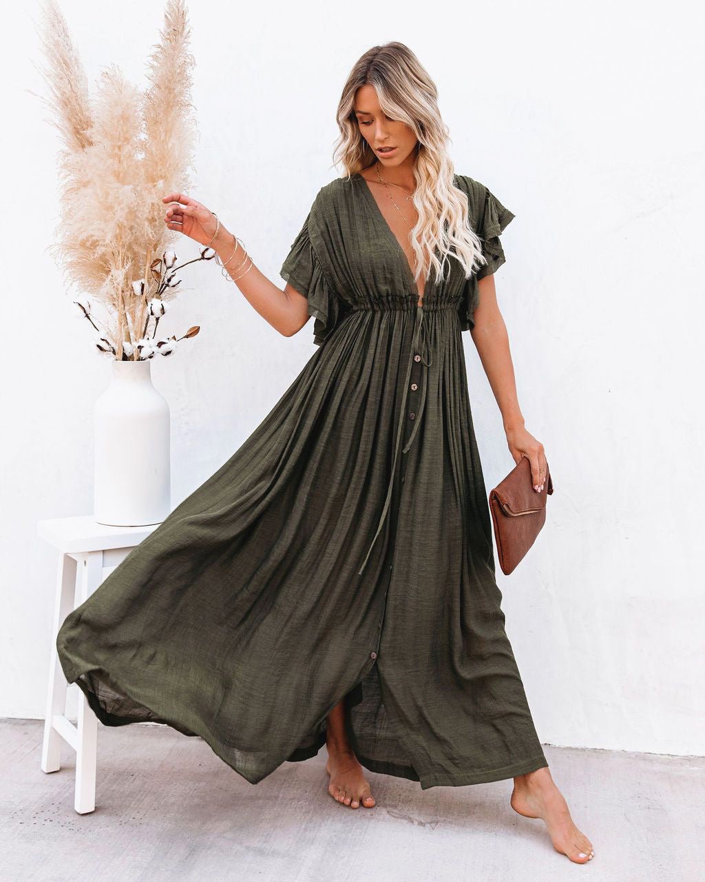 Vestido Maxi de Manga Corta con Cuello en V y Botones para Mujer