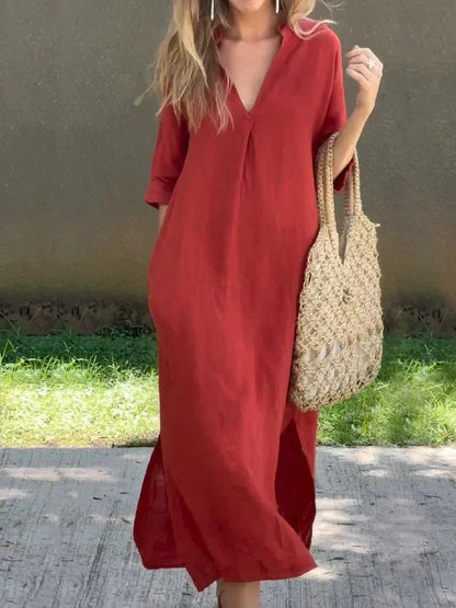 Vestido maxi de verano holgado con cuello en V de algodón y lino para mujer