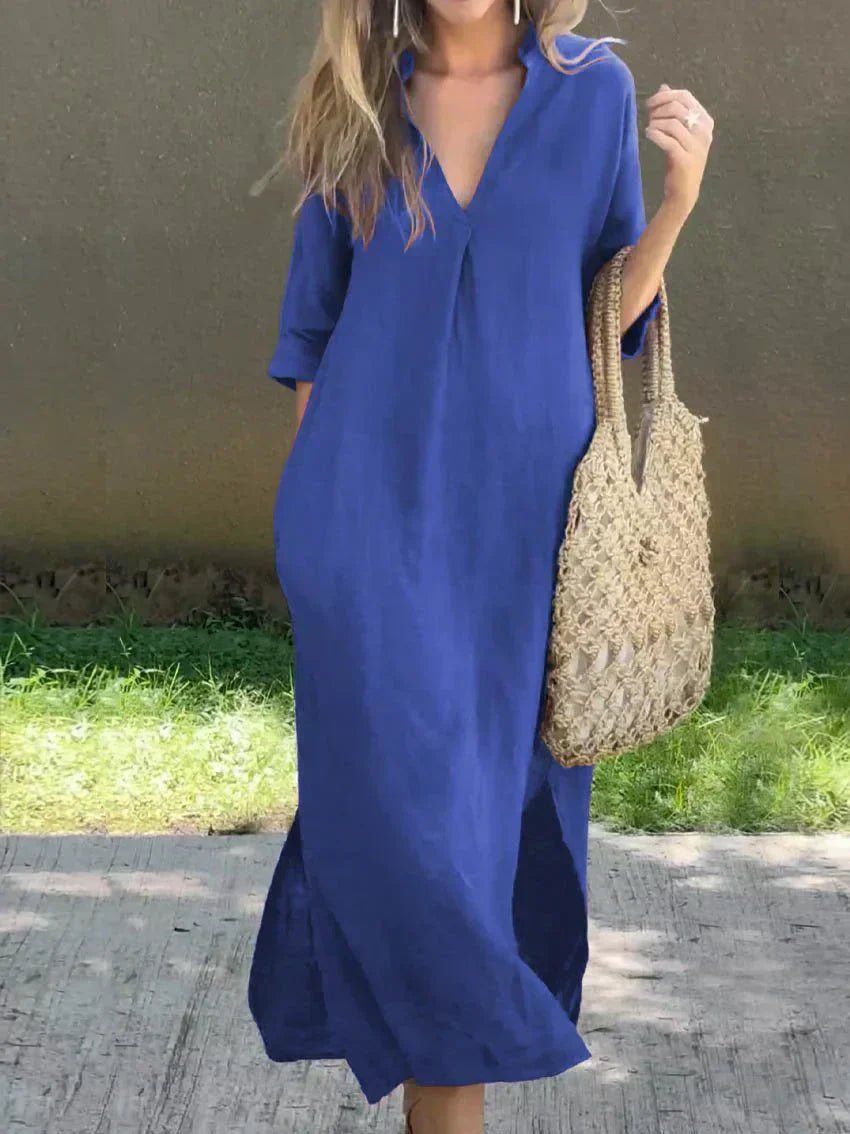 Vestido maxi de verano holgado con cuello en V de algodón y lino para mujer