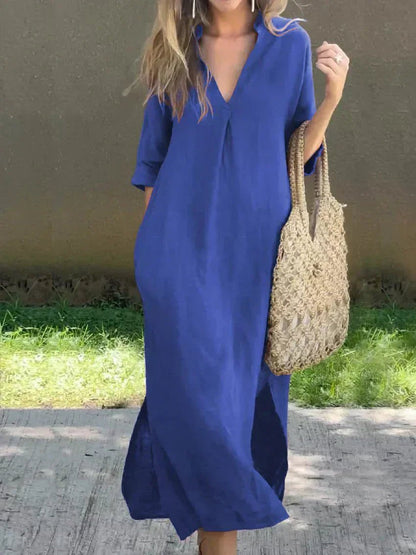 Vestido maxi de verano holgado con cuello en V de algodón y lino para mujer