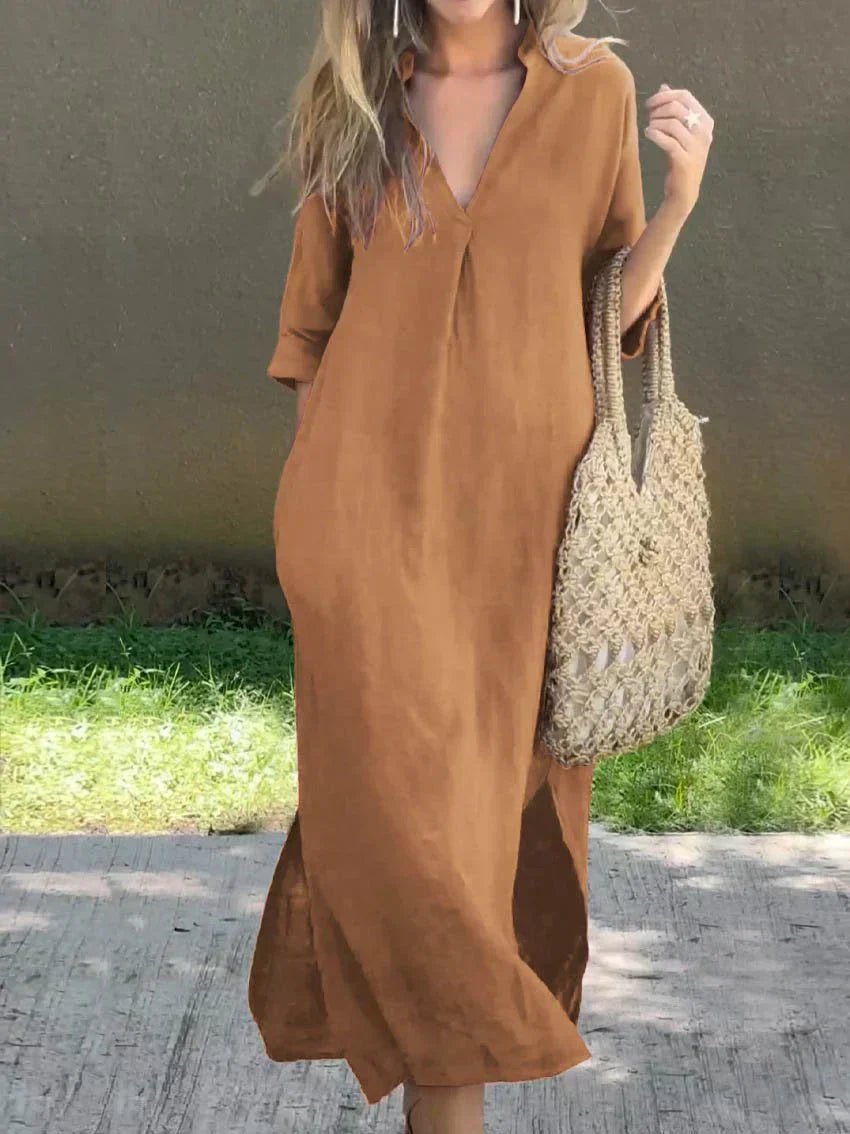 Vestido maxi de verano holgado con cuello en V de algodón y lino para mujer