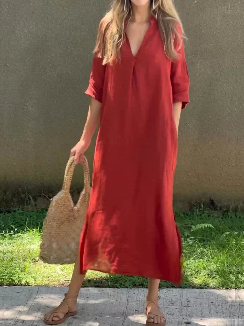 Vestido maxi de verano holgado con cuello en V de algodón y lino para mujer
