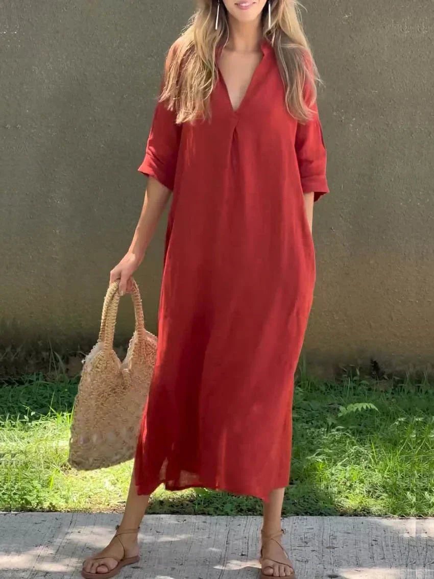 Vestido maxi de verano holgado con cuello en V de algodón y lino para mujer