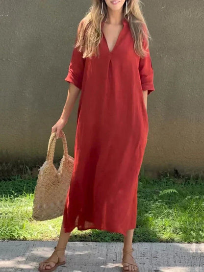 Vestido maxi de verano holgado con cuello en V de algodón y lino para mujer