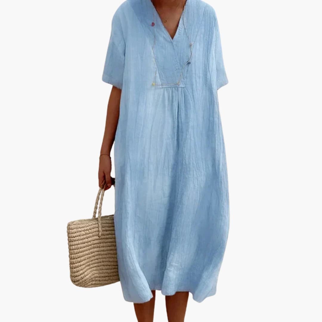 Vestido Midi de Lino Holgado con Cuello en V y Manga Corta para Mujer