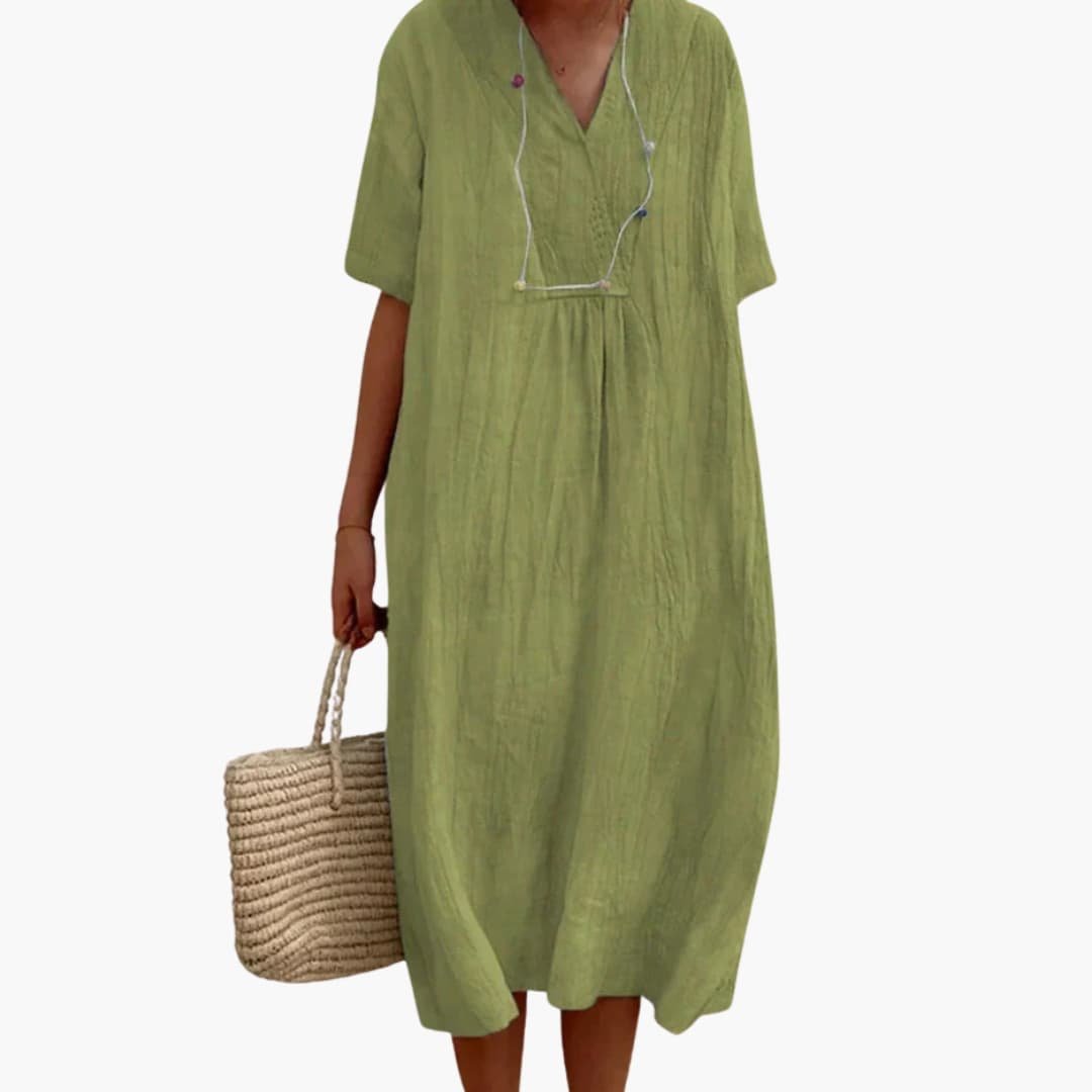 Vestido Midi de Lino Holgado con Cuello en V y Manga Corta para Mujer