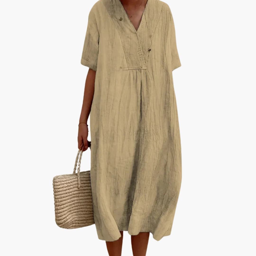 Vestido Midi de Lino Holgado con Cuello en V y Manga Corta para Mujer