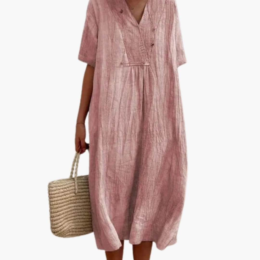 Vestido Midi de Lino Holgado con Cuello en V y Manga Corta para Mujer