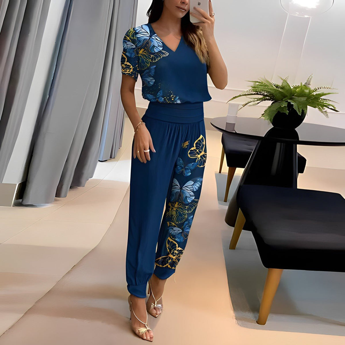 Conjunto de dos piezas de top de manga corta con cuello en V y pantalón de pierna ancha para mujer