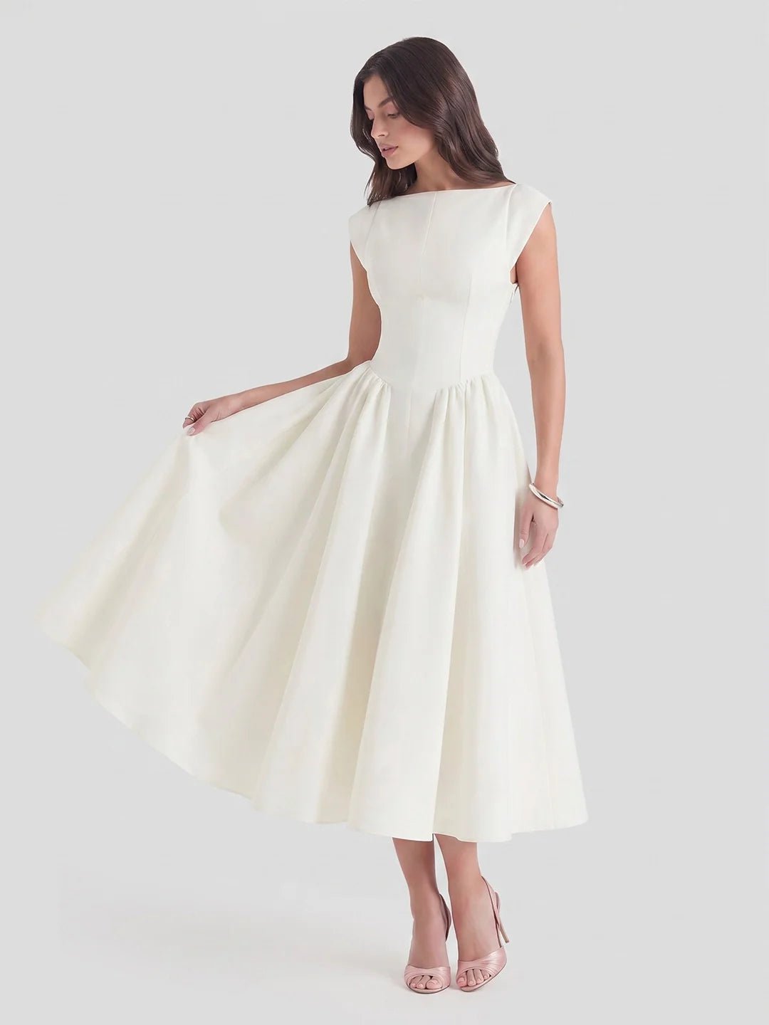 Vestido Midi Retro de Satén con Cuello Barco para Mujer