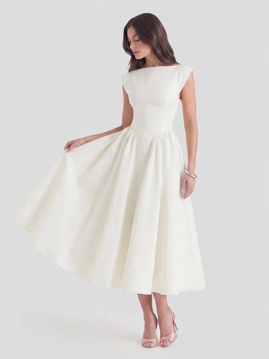 Vestido Midi Retro de Satén con Cuello Barco para Mujer
