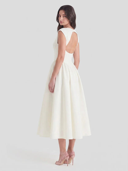 Vestido Midi Retro de Satén con Cuello Barco para Mujer