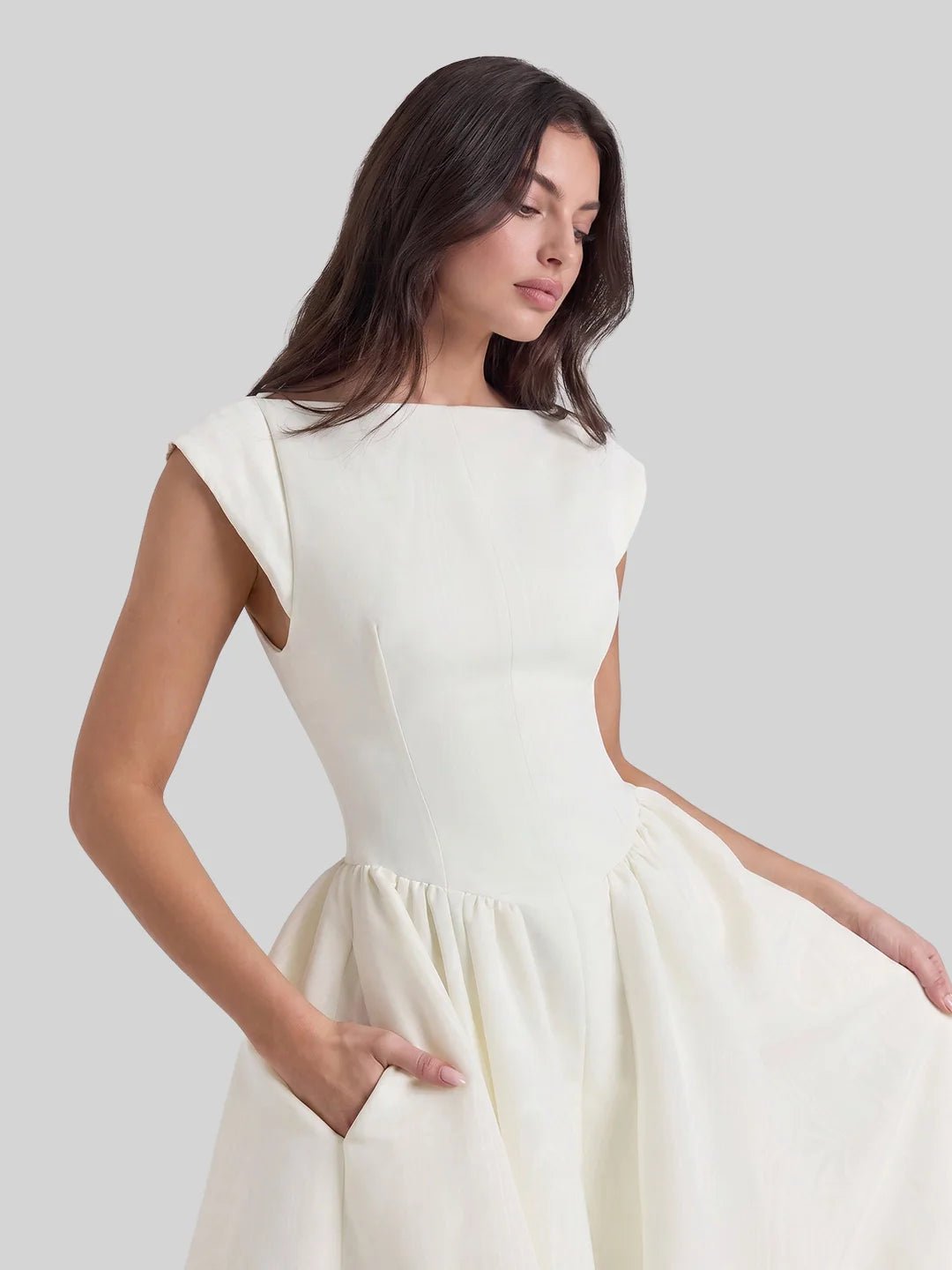 Vestido Midi Retro de Satén con Cuello Barco para Mujer