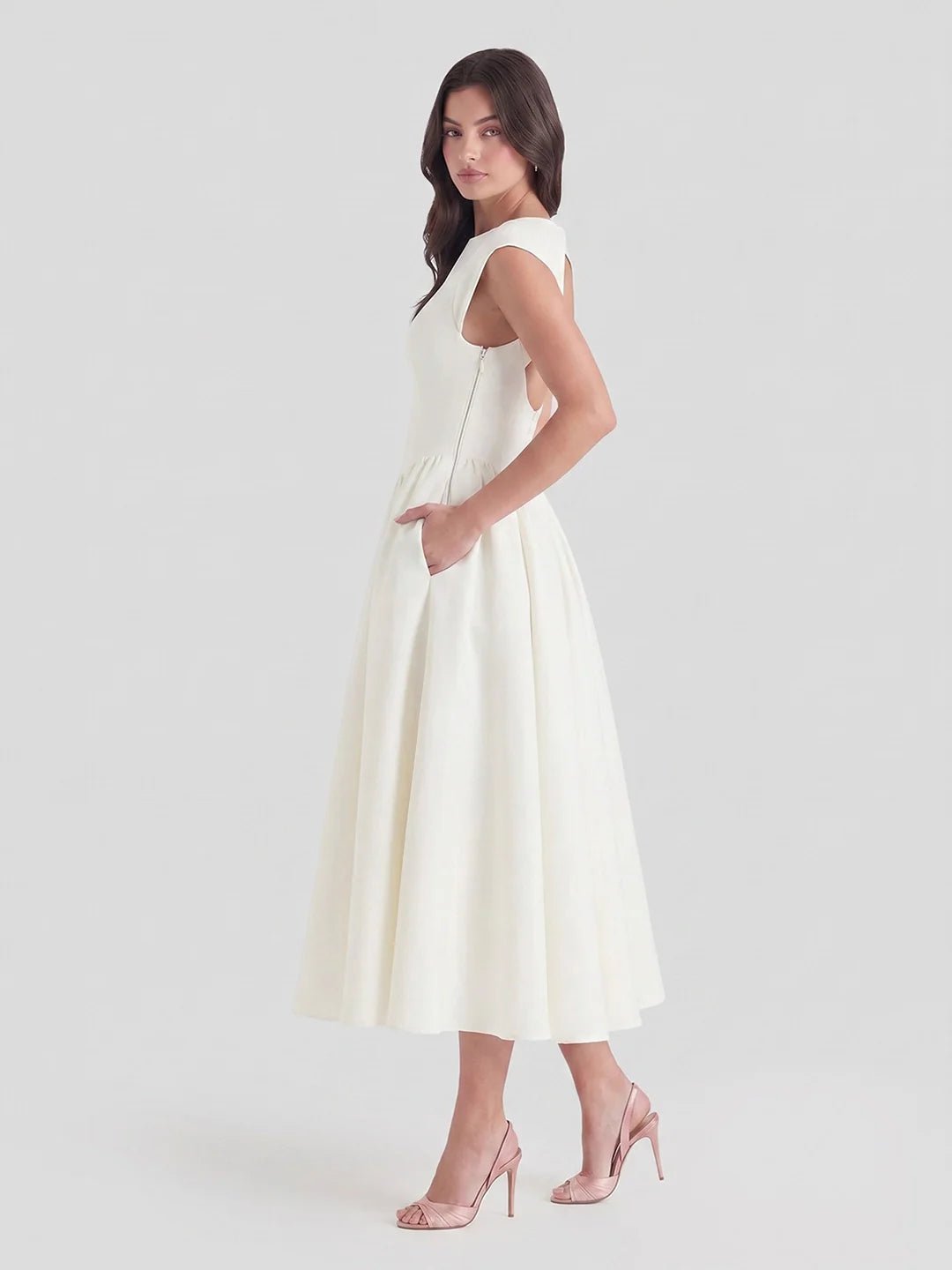 Vestido Midi Retro de Satén con Cuello Barco para Mujer