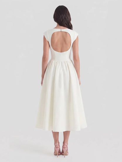 Vestido Midi Retro de Satén con Cuello Barco para Mujer