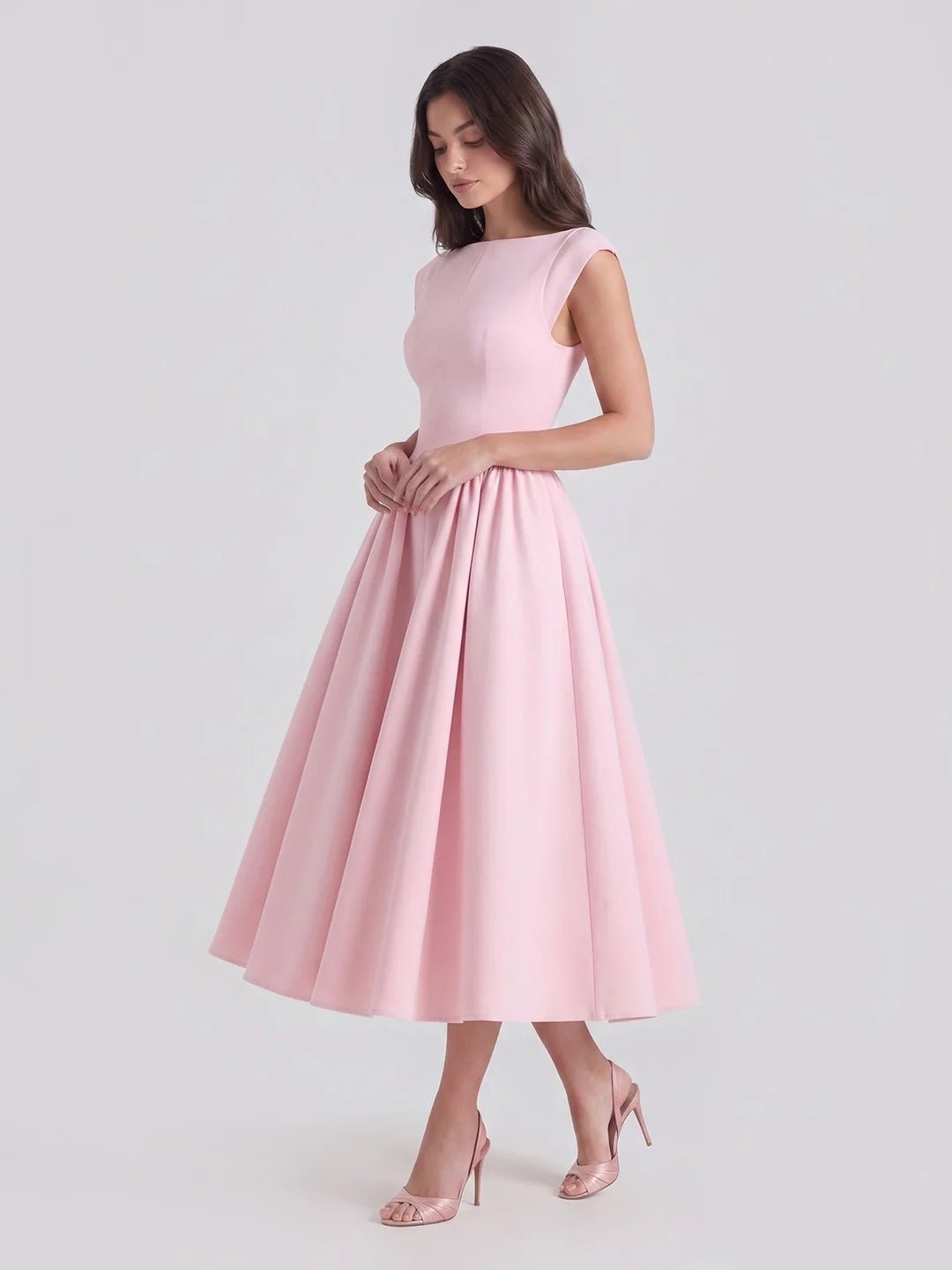 Vestido Midi Retro de Satén con Cuello Barco para Mujer