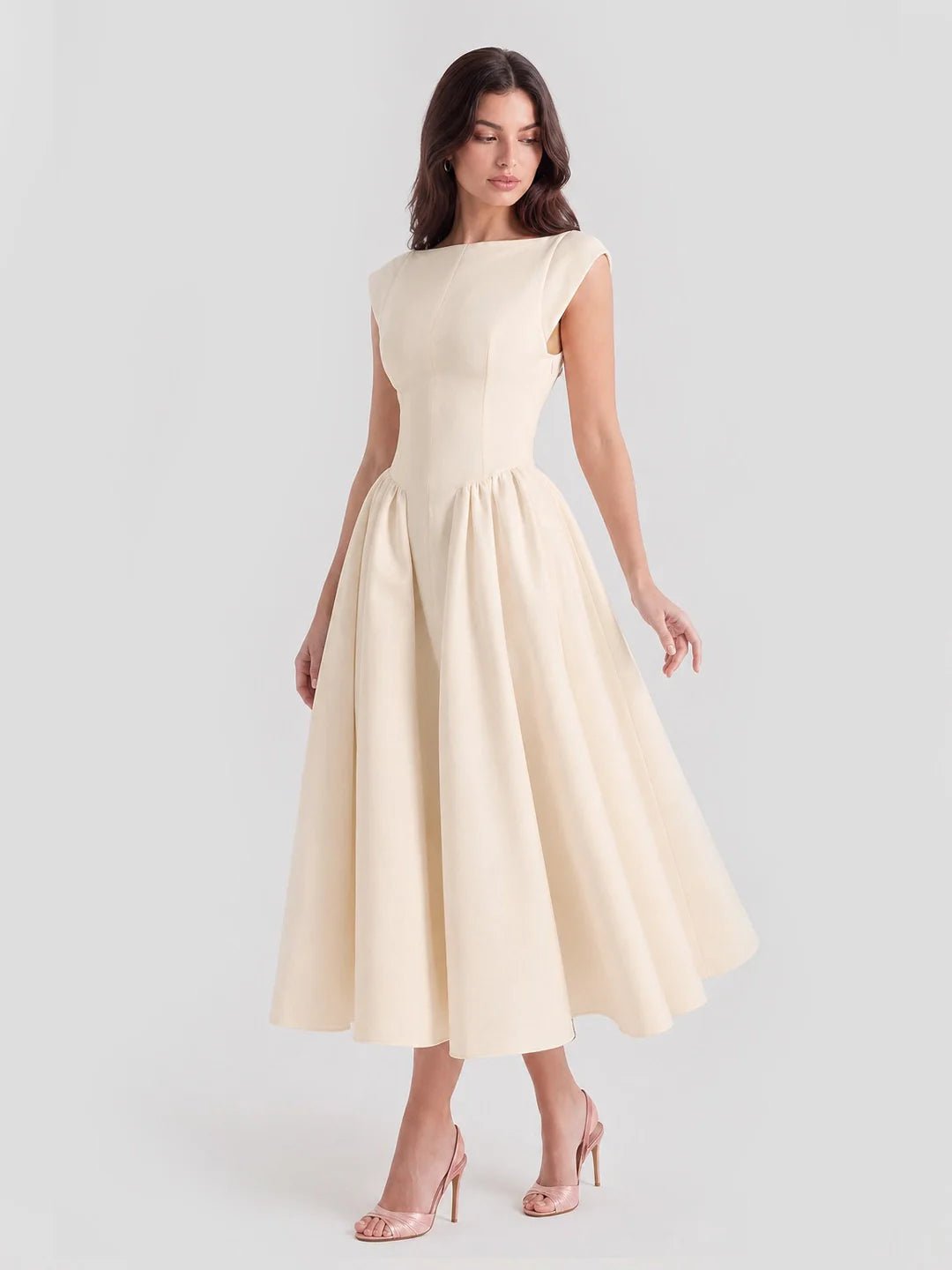 Vestido Midi Retro de Satén con Cuello Barco para Mujer