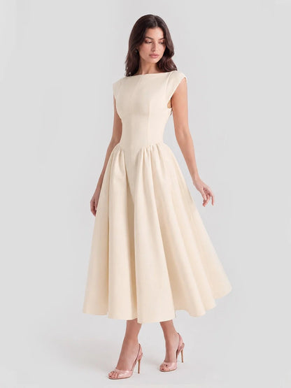 Vestido Midi Retro de Satén con Cuello Barco para Mujer