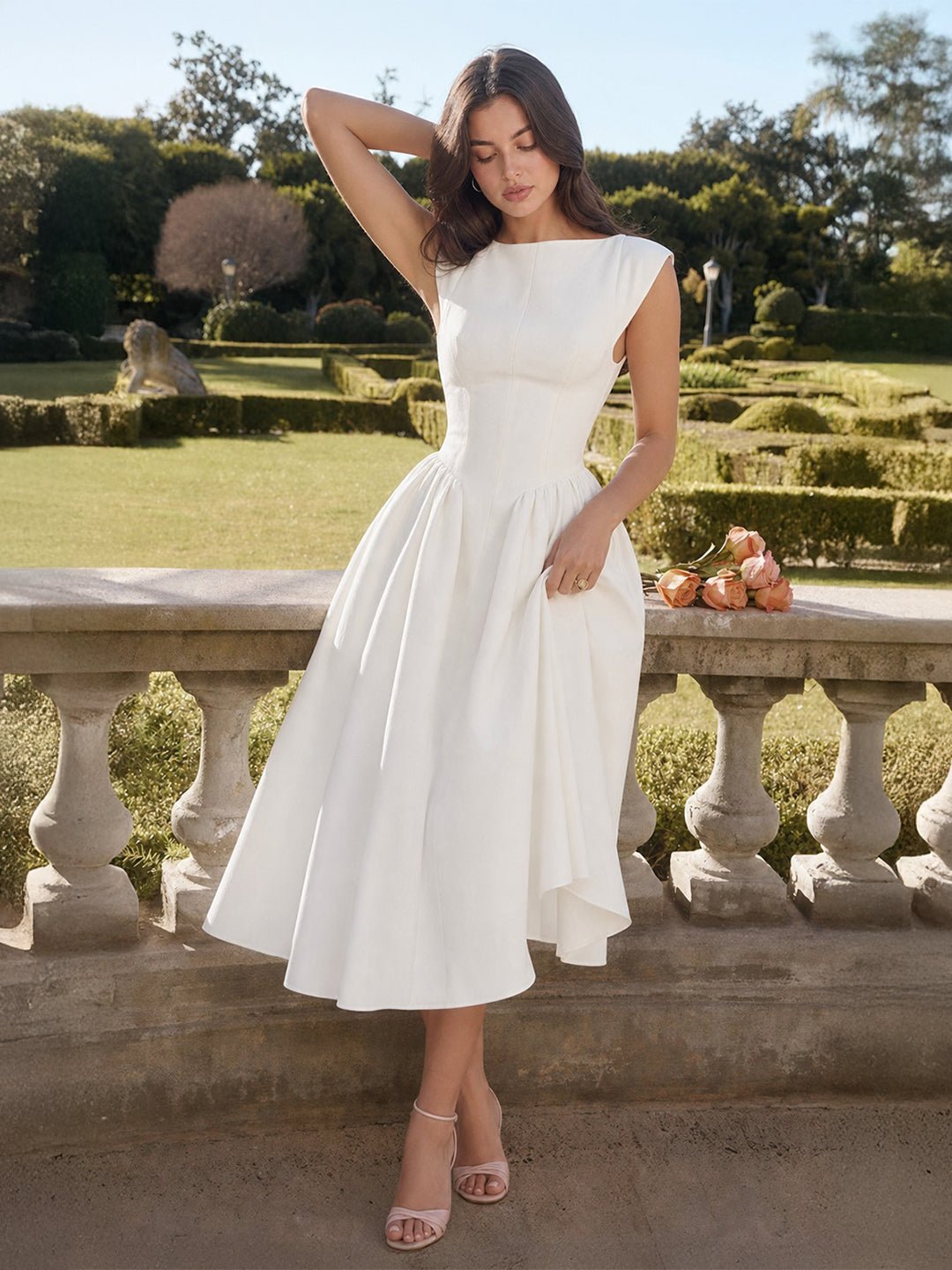 Vestido Midi Retro de Satén con Cuello Barco para Mujer