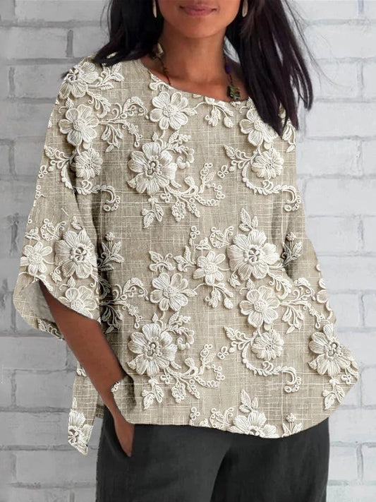 Top holgado retro con ribete de encaje floral para mujer