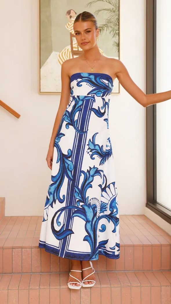 Vestido largo sin tirantes con estampado vintage para mujer