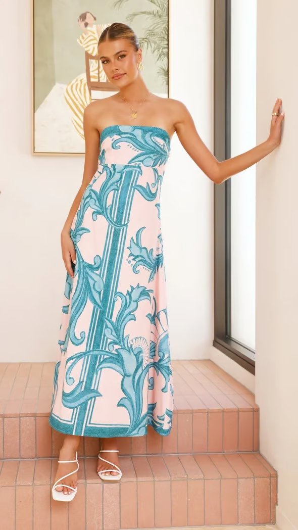 Vestido largo sin tirantes con estampado vintage para mujer