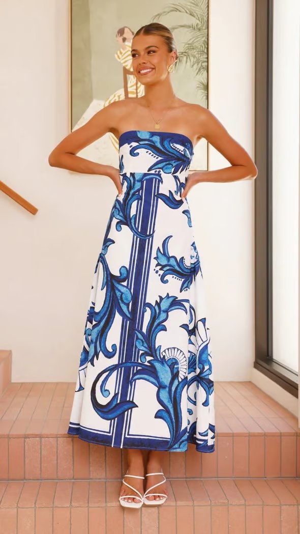 Vestido largo sin tirantes con estampado vintage para mujer