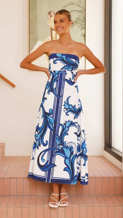 Vestido largo sin tirantes con estampado vintage para mujer